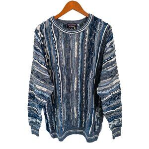 Roundtree & Yorke 3D Sweater XLT Blue & White Textured Knit Sweater Cotton/Acryl